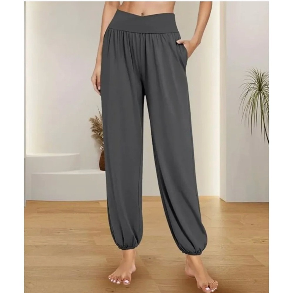 Daceslon Womens Yoga Pants Dark Gray Crossover V Waist Pockets Joggers Size L